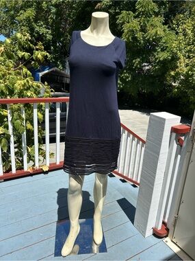Navy Short Sleeve Shift Dress with Layered Hem